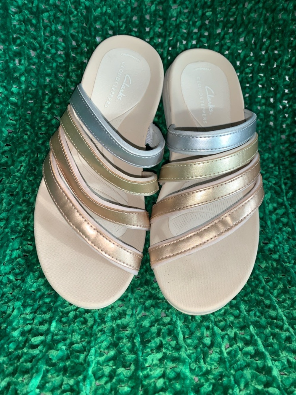 Clarks Women’s Metallic Multi-Strip Slide Sandals in Silver, Gold, Rose